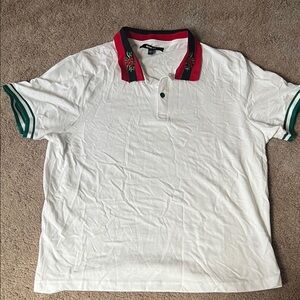 Classic White Polo Shirt with Red and Green Trim